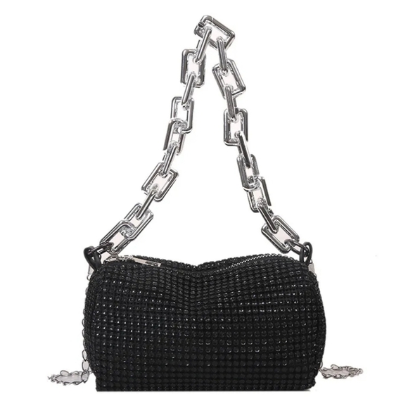 #R New Woman's Chain Rhinestone Mini Barrel Crossbody Purse Black Y2K Style - Picture 11 of 12